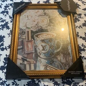 Authentic Sophistique Gold Framed Art with Blue LV cup and YSL perfume